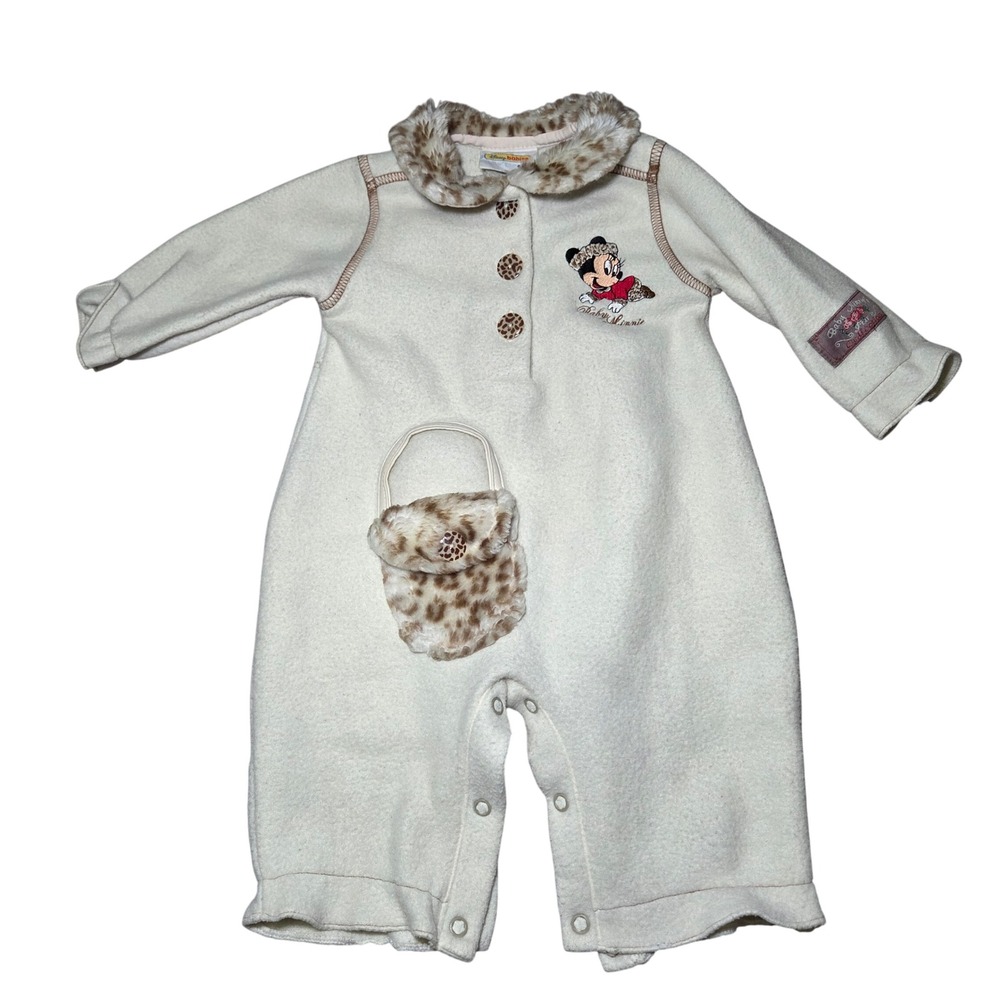Vtg Disney Baby Minnie Mouse Leopard Faux Fur Collar Fleece Romper Sleeper 0-6M